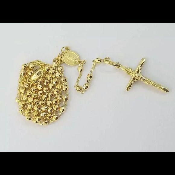Real 14k Yellow Gold Diamond Cut Rosary - Picture 2 of 3